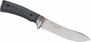 Нож разделочный "Тэнгу" оригинального дизайна ДЕНДРА, клинок VG-10, HRC 61, рукоять черная микарта 3D, кожаный чехол
