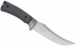 Нож-скиннер "Модзю" оригинального дизайн ДЕНДРА, клинок VG-10, HRC 61, рукоять черная микарта 3D, кожаный чехол